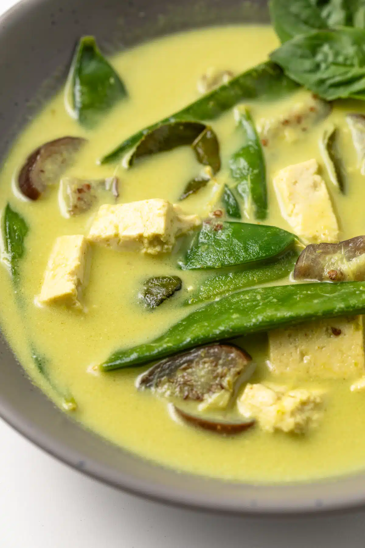 Close up of Thai green curry in a bowl.
