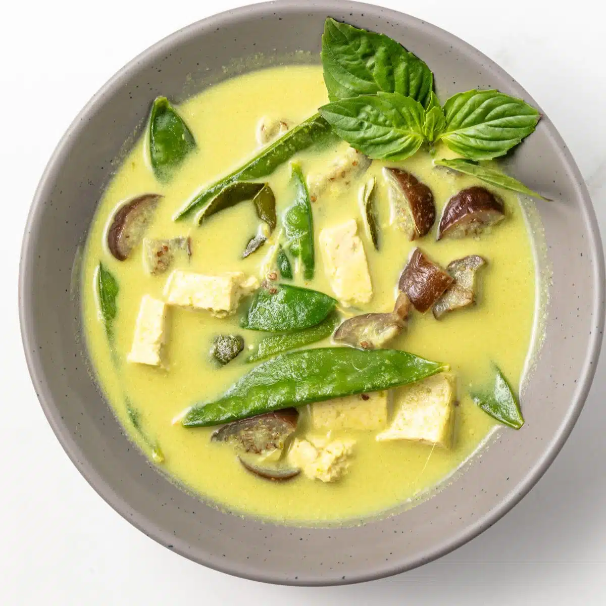 Thai green curry in a gray bowl.